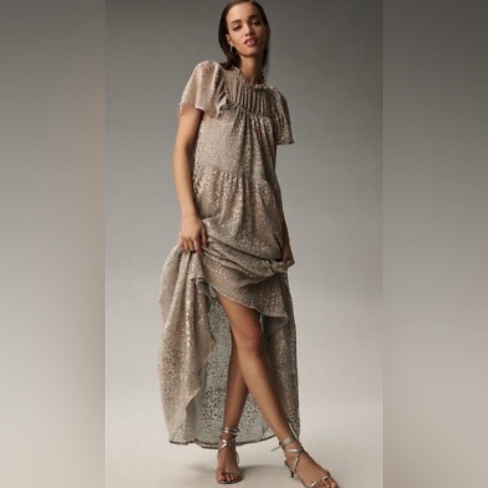 Anthropologie One Shoulder Glittering Silver Dress gold shimmer l pleated large